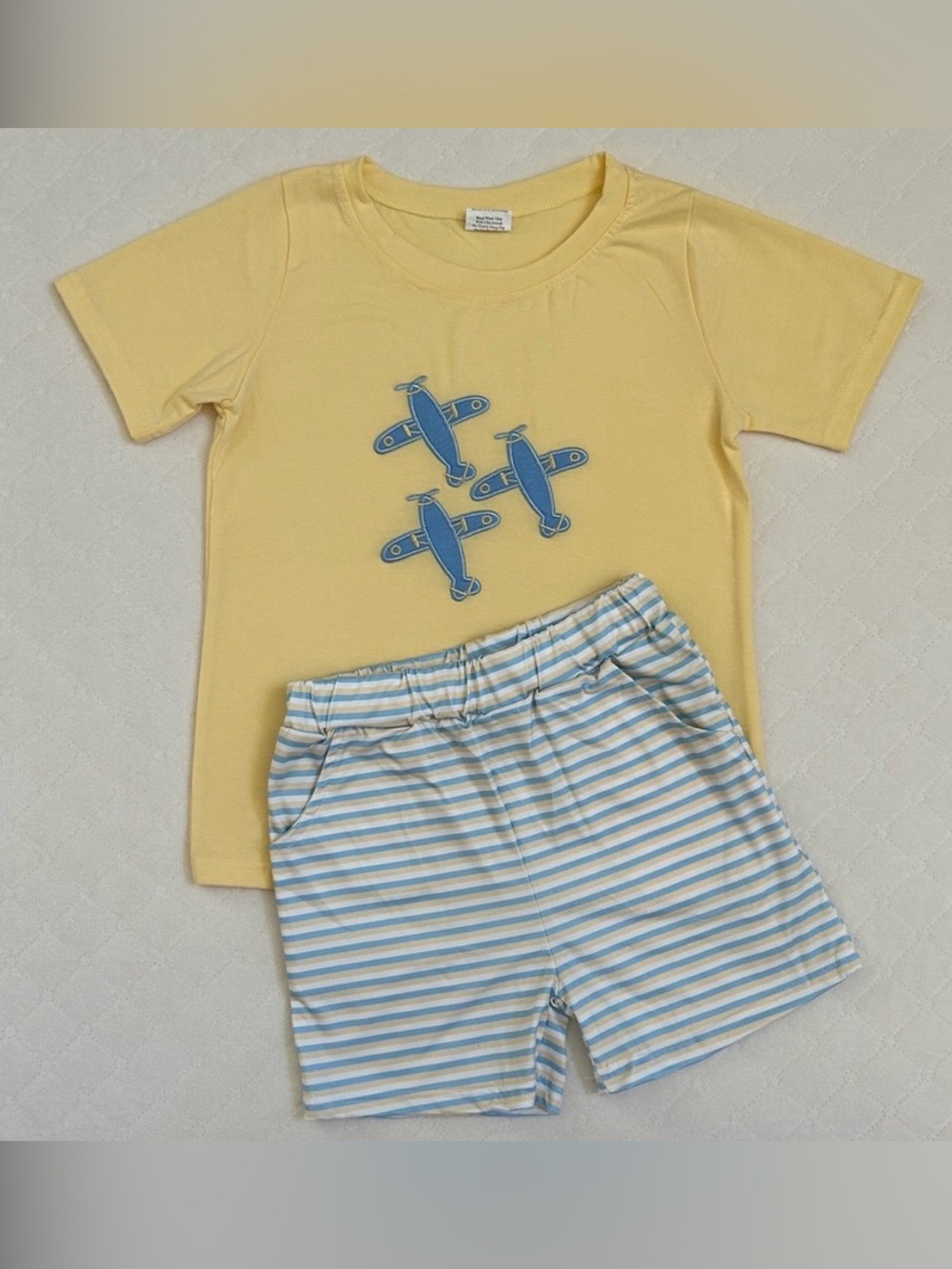 ✈️ Yellow Blue Airplane Stripes T-shirt Shorts Set | 7/8T